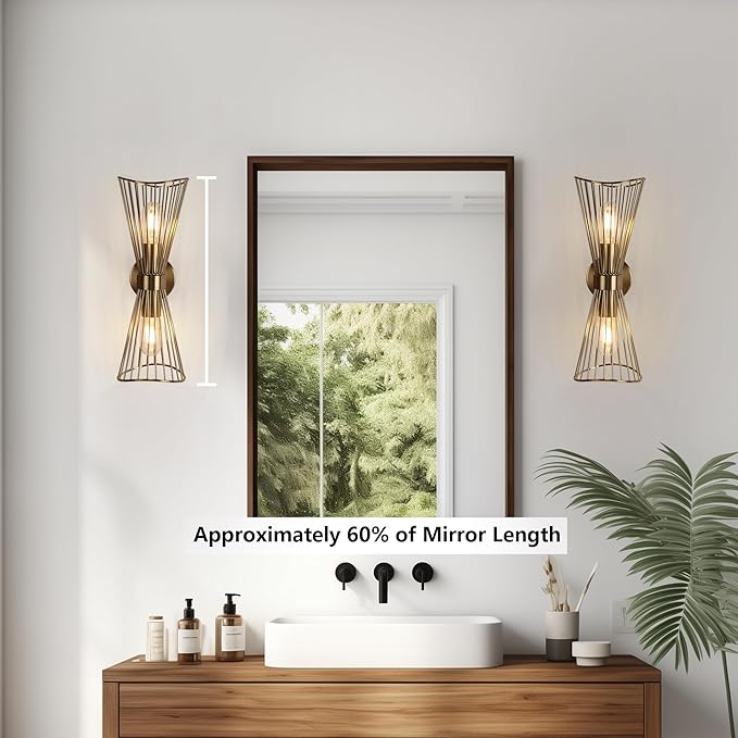 Brass Wall Sconces,Mid Century Wall Sconce Large 2 Light Vanity Light Hardwired Vintage Sconces Wall Lighting Fixtures for Bedroom Living Room Bathroom Hallway E26 - Aura Lighting