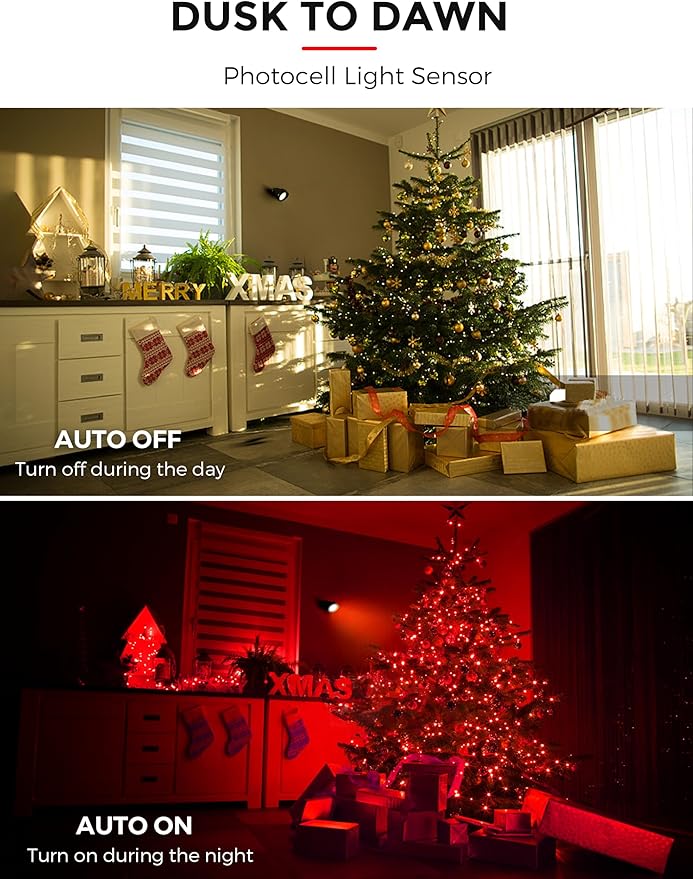 L LOHAS LED Christmas Spotlight Outdoor, Red Spot Lights for Yard, Auto On/Off 5W 120V Landscape Lighting for House, Holiday, Trees, Decoration, 450LM IP66 Waterproof, UL Listed, 2 Pack - Aura Lighting