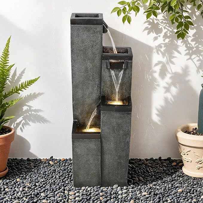 SunJet 4-Tier Modern Water Fountain, Indoor/Outdoor Resin Water Fountains with Soothing Water Sounds, Perfect for Garden, Patio, Home & Office, 12.5" L x 9.4" W x 39.3" H