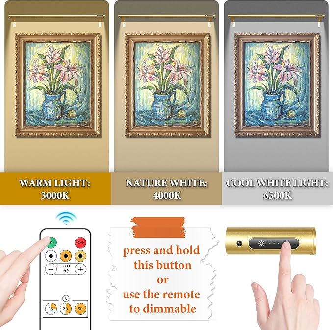 Wireless Picture Light, Battery Operated LED Painting Lights with Remote Control, Dimmable, Timer for Art Frame (Gold-31.5inch)