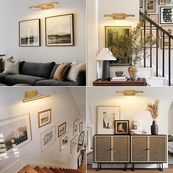 Art Picture Frame Wall Light: 24" Glod Dimmable Vintage Artwork Brass Painting Spotlight - Hardwired Swing Arm Rotatable 3 Lights over Picture - Linear Accent Lighting above Photo for Gallery Bookcase