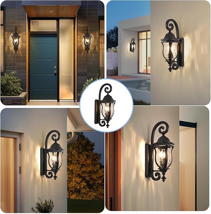 Black Exterior Wall Sconces, 28" H Large Outdoor Wall Light Fixtures with Water Glass, Waterproof Outdoor Lights Wall Mount with Decorative Patterns for Porch, Front Door