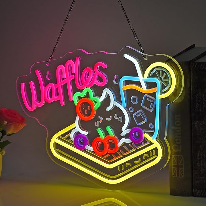 Waffles Neon Sign, Neon Lights Hanging Wall Art Decoration for Store Retail Shop Market Grocery Bakeries Dessert Café Celebration Home Decor,USB Powered Ultra Bright Dimmable,15.75×11.8inches