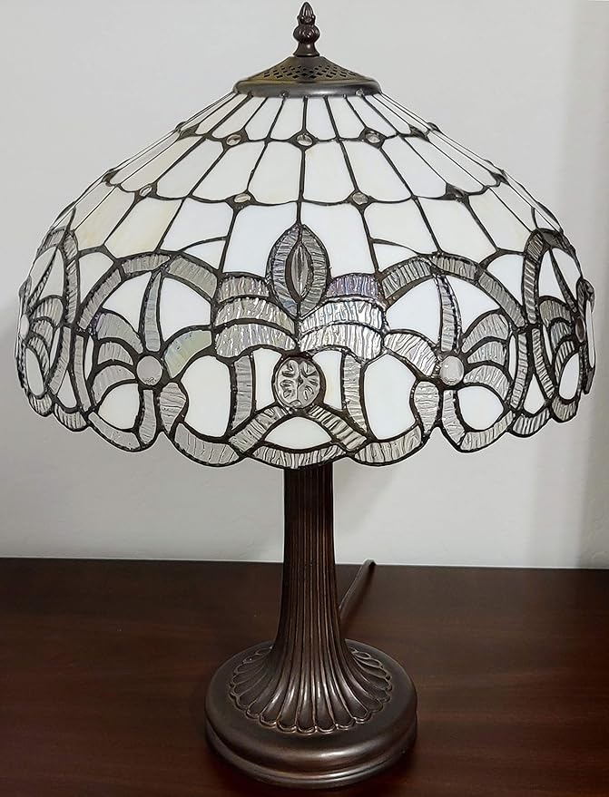Tiffany Style Table Lamp Banker 24" Tall Stained Glass White Grey Jeweled Beads Vintage Antique Light Décor Living Room Bedroom Handmade Gift AM293TL16B Amora Lighting