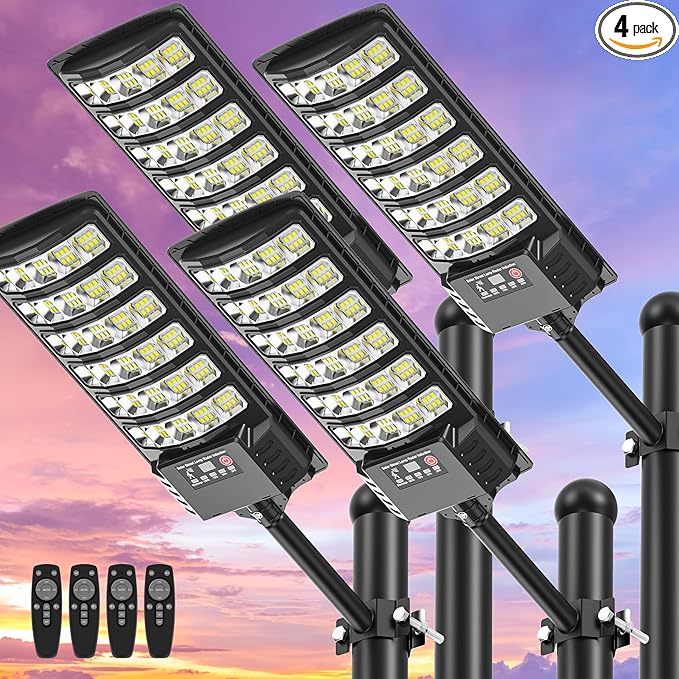 Solar Street Lights Outdoor Waterproof ,50000LM 320°Wide Angle Flood light, LED Solar Parking Light with Motion Sensor and Remote Control for Outdoor, Streets, Courtyards,Parking Garages,-4Pack