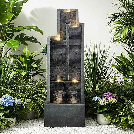 Naturefalls 50.7-Inch Tall Outdoor Water Fountain with LED Lights and Pump, Modern Resin Floor Standing Cascading Waterfall Fountain for Garden Patio Backyard