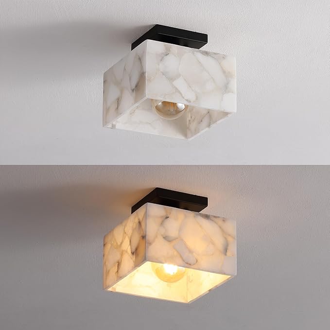 JONATHAN Y 5" White Marbling/Black Modern 1-Light Semi Flush Mount Ceiling Light for Bedroom, Cube White Alabaster Marble Shade, Mid-Century Minimalist Fixture, LED Bulb Included (JYL1203B)