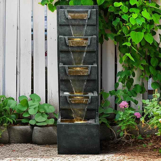 SunJet 39.3inches High Modern Water Fountain – 5-Tier Outdoor/Indoor Water Fountain with Soothing Water Sounds & Warm LED Light, Perfect for Garden, Patio, Home & Office