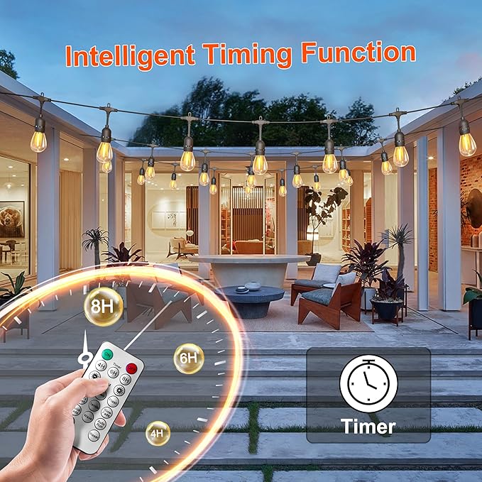 100FT Solar String Lights Outdoor Waterproof with Remote Control Solar Patio Lights 30+2 shatterproof LED E26 S14 Bulbs for Porch Garden Market Bistro Patio Backyard Fence