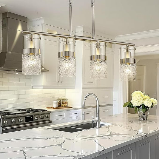LMS 4-Light Brushed Nickel Island Chandelier Lights for Kitchen, Mid Century Pendant Light with Hammered Glass Shade, Farmhouse Dining Room Light Fixture, Kitchen Island, LMS-171BN-4 - Aura Lighting