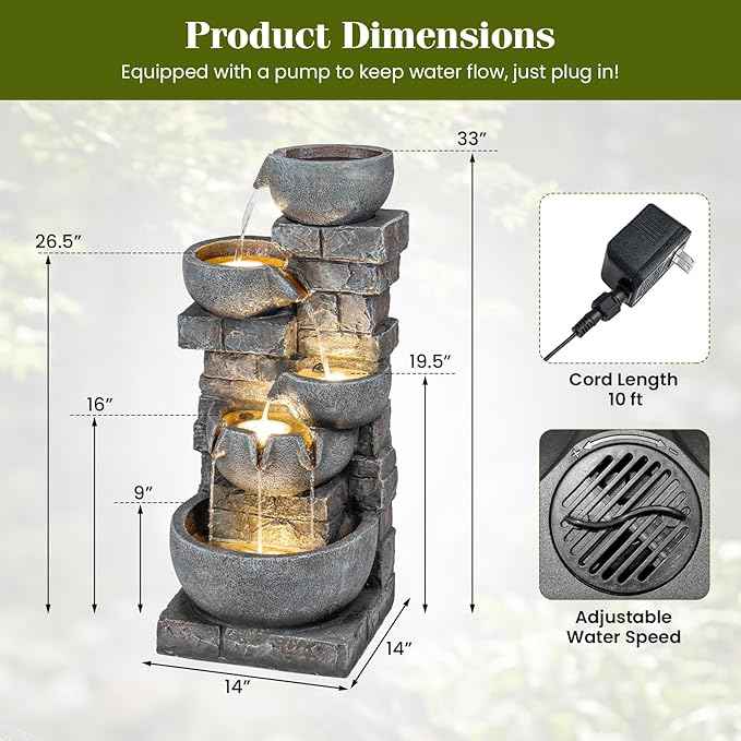 Giantex 33'' Water Fountain Outdoor, 5-Tier Cascading Stacked Stone Bowl Waterfall Fountain with LED Lights & Pump, Outside Water Feature for Patio, Balcony, Deck, Garden, Yard Decor