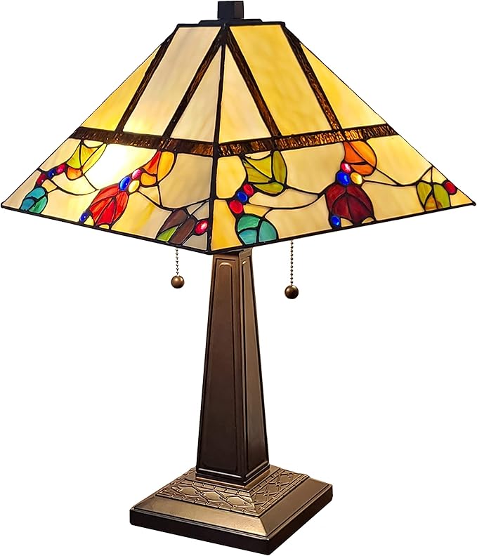 Tiffany Style Table Lamp Banker Mission 22" Tall Stained Glass Tan Blue Red Orange Green Vintage Antique Light Décor Night Stand Living Room Bedroom Handmade Gift AM301TL14B Amora Lighting, Multicolor