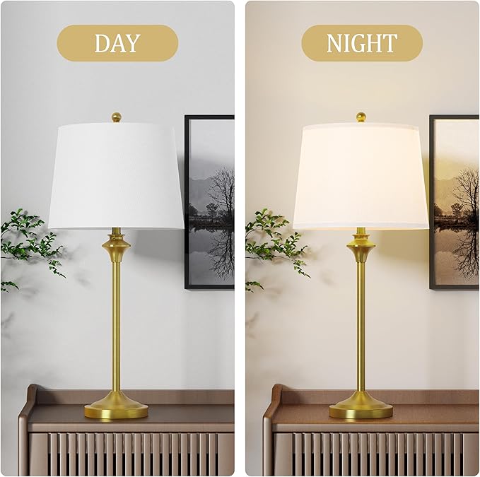 Maxax Brass Gold Table Lamps Set of 2 for Living Room, 26" Modern Buffet Lamps Gold Bedside Nightstand Lamps,Tall End Side Table Lamp with White Shade for Bedroom,Office