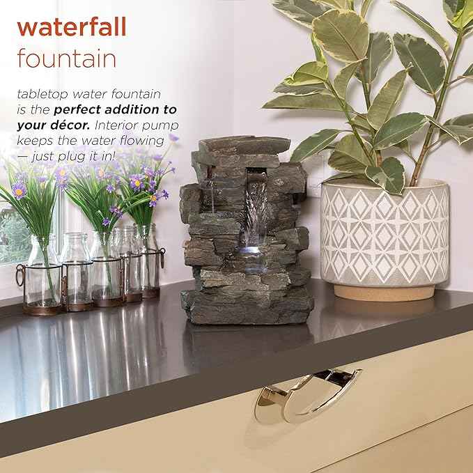 Alpine Corporation 13" Tall Indoor Tabletop Water Fountain, 4 Tier Cascading Water Feature with LED Lights for Home, Office, Living Room, or Zen Decor, Gray