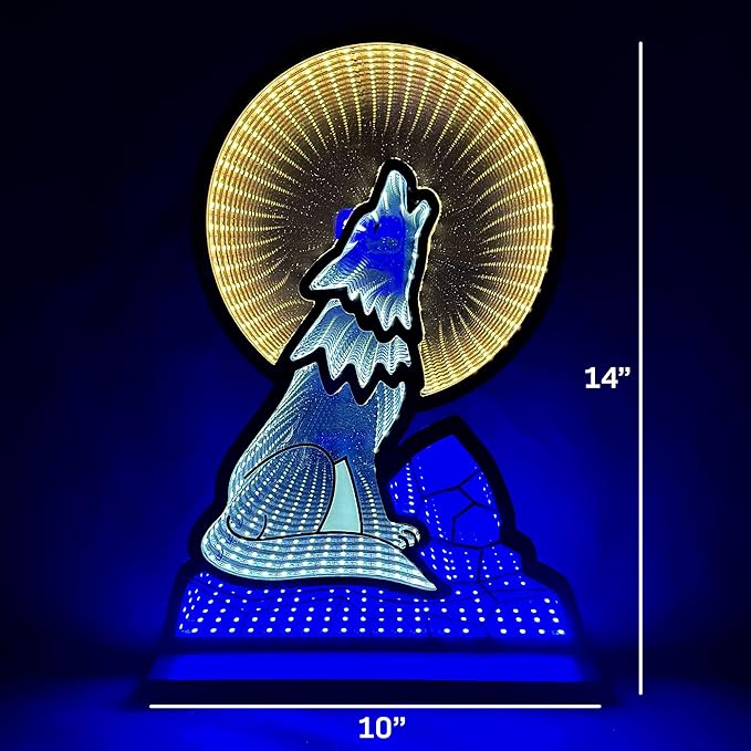 Wolf Infinity Mirror Night Light - LED Wolf Nightlight for Kids - USB-Powered with Dimmer Switch - 3D LED Infinity Light - Bedroom Decor for Boys, Girls & Teens - 10" x 14"
