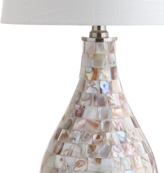 JONATHAN Y JYL1024A 20.5" Coastal Seashell Mosaic Table Lamp for Living Room, Bedroom, Bedside Nightstand Lamp with White Linen Drum Shade, Cottage Beach House Accent Lamp, LED Bulb Included