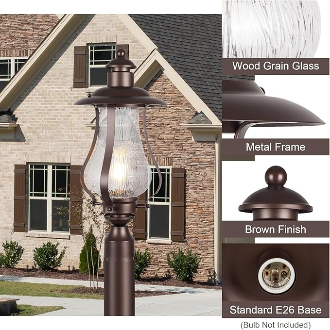 Treekee Outdoor Post Light Fixture, Vintage Brown Pole Lantern with Wood Grain Glass, Farmhouse Exterior Post Lamp with E26 Socket for Garden, Pathway, Patio, Porch, Courtyard, Driveway, Street - Aura Lighting