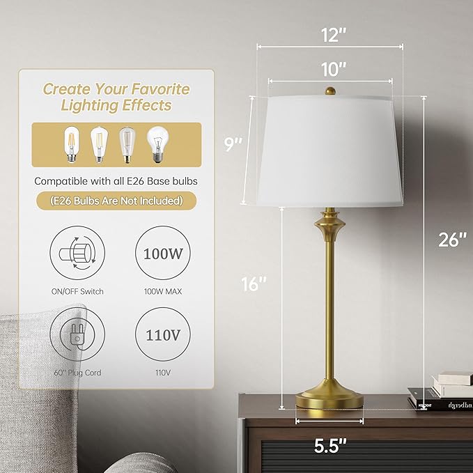 Maxax Brass Gold Table Lamps Set of 2 for Living Room, 26" Modern Buffet Lamps Gold Bedside Nightstand Lamps,Tall End Side Table Lamp with White Shade for Bedroom,Office