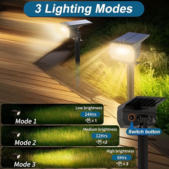 Solar Spot Lights Outdoor Waterproof IP65, 6 Pack Landscape Spotlights with 46 LEDs, 3 Modes Auto On/Off Solar Powered Flood Lights for Outside Pathway, Yard, Garden, Walkway (Warm White) - Aura Lighting