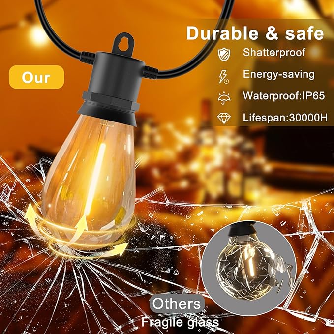 100 FT Outdoor String Lights IP65 Waterproof Patio Lights with 30 + 3 Shatterproof LED Bulbs Commercial Grade LED String Lights Connectable Hanging Decorative Lights for Outdoor Terrace Yard