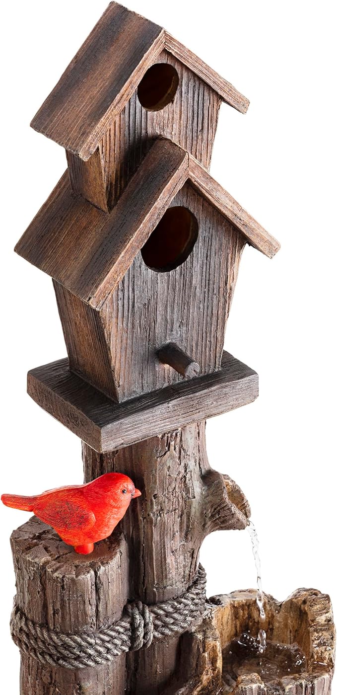 Alpine Corporation 35" Tall Outdoor 3-Tier Birdhouse Water Fountain with Cardinal Accent, Rustic Floor Decor for Garden and Patio, Brown