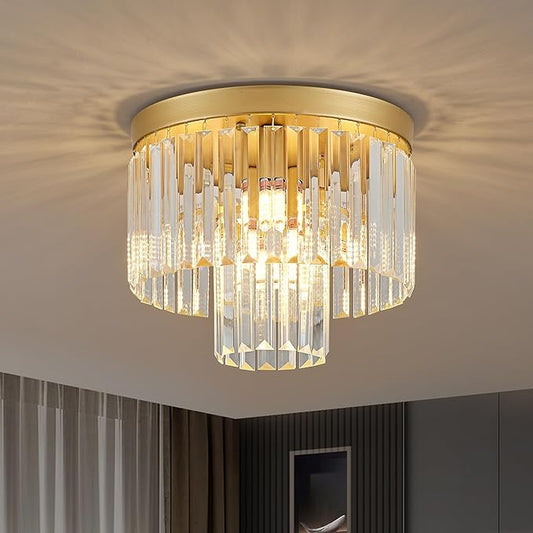 12.6" Gold Crystal Modern Crystal Ceiling Light Fixture, 2-Tier Luxury K9 Crystal, for Dining Room, Kitchen, Island, Living Room, Bedroom - Aura Lighting