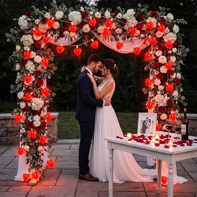 20Ft Valentine's Day Lights Outdoor with Glittering 3D Red Heart Shaped Lights, 22 Dimmable LED Bulbs(2 Spare) Waterproof for Indoor and Outdoor Wedding Anniversary Party Valentine's Day Decorations