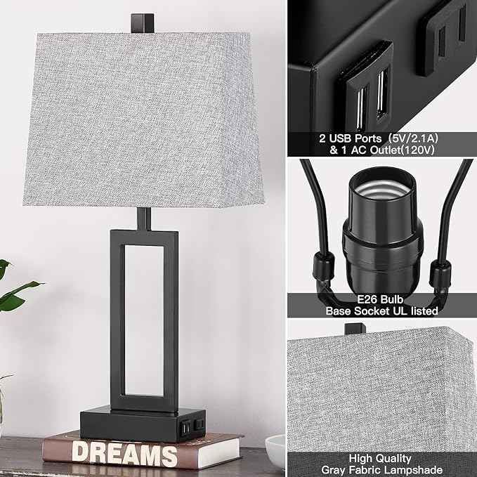 23.5" Touch Control Table Lamps Set of 2, Bedside Lamp with 2 USB Charging Ports & AC Outlet, 3-Way Dimmable Modern Nightstand Lamp for Living Room Bedroom End Table Office(2700K 2 LED Bulbs Included)