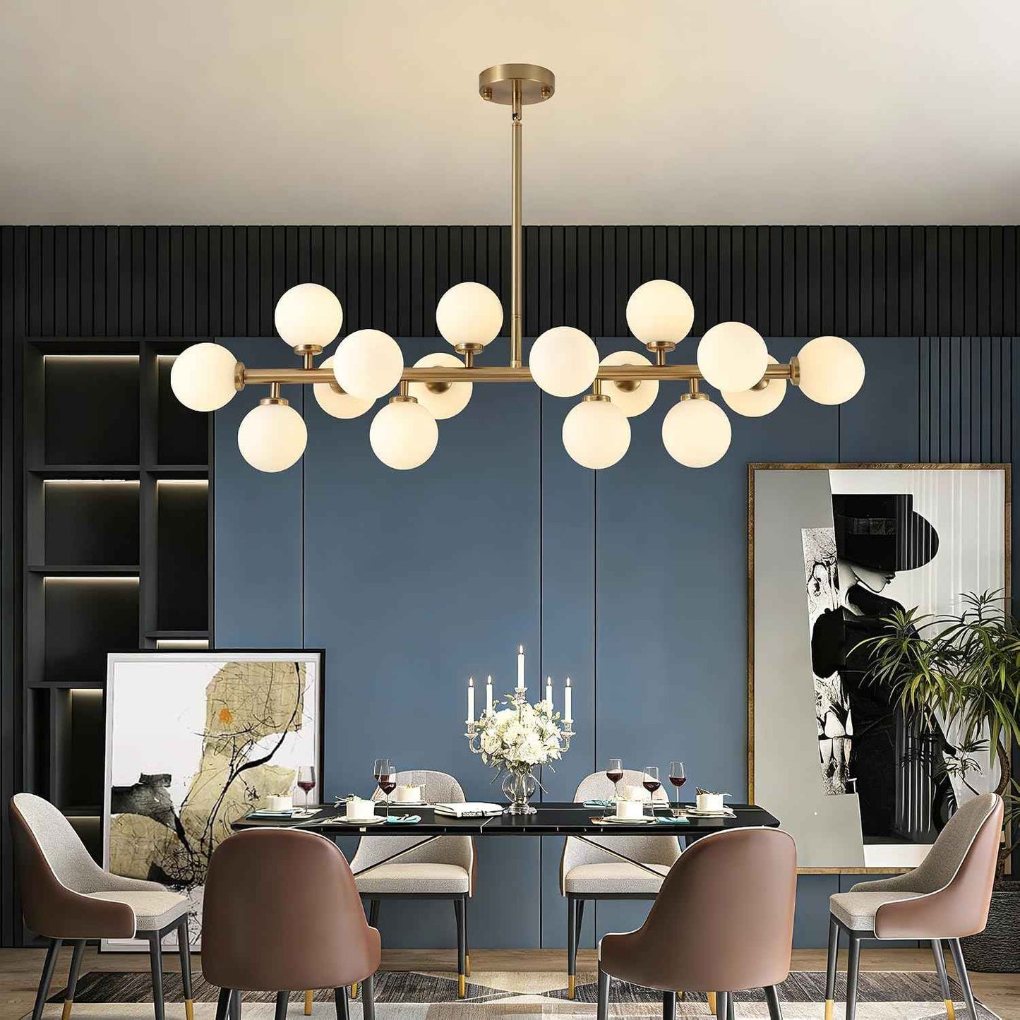 Mid Century Modern Chandelier Over Table, 16-Light Globe Sputnik Chandelier Rectangle Pendant Lighting Fixture Hanging Ceiling Light for Dining Room, Kitchen Island
