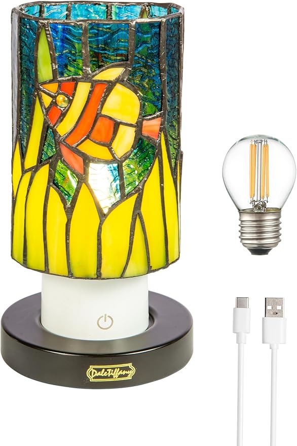 Dale Tiffany TAR24121 Royal Angelfish Uplight Tiffany Accent Lamp with Built-in Rechargeable Battery and 3-Level Brightness, Multicolor, 8.5-Inch Tall