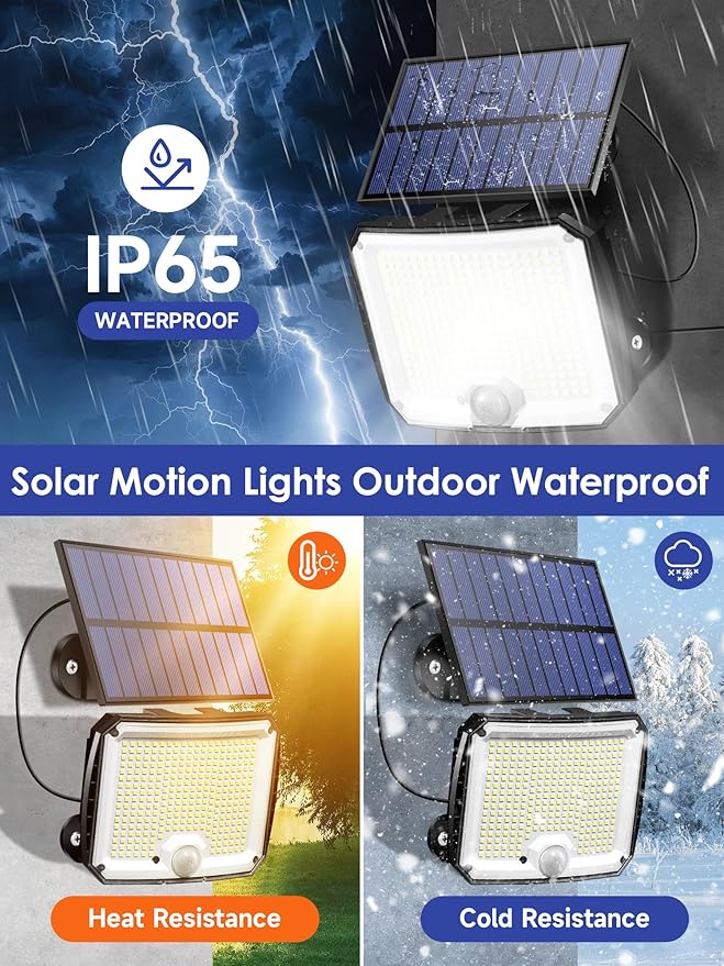 PIKOY Solar Motion Lights Outdoor Waterproof, [Upgraded 318LED/33FT/5 Modes] Solar Security Lights,Remote+IP65 Solares Lamparas Solares para Exteriores Grandes Sin Sensor De Movimiento 2 Pack