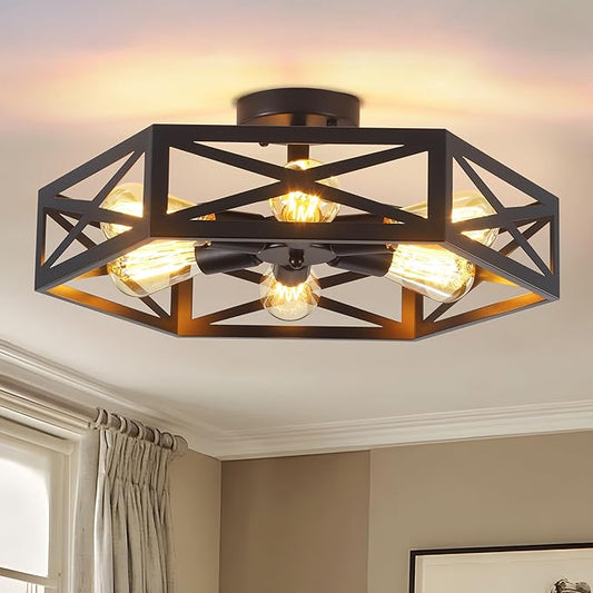 19.6" Farmhouse Light Fixtures, Rustic Foyer Lighting Fixtures, Large Black Semi Flush Mount Ceiling Light Fixture, Industrial Rustic Light Fixtures for Hallway Living Room
