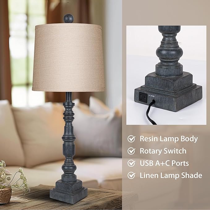 PARTPHONER 28" Table Lamp for Living Room Set of 2, Rustic Buffet Lamps with USB A+C, Farmhouse Bedroom Lamp, Vintage Mid Century Bedside Nightstand Lamps for End Table Home Decor Office Antique Grey