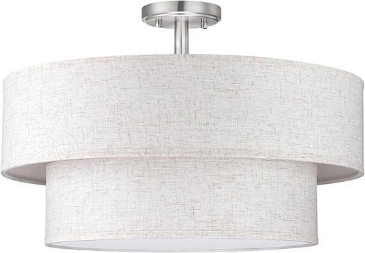 2-Tier 20" Cream Drum Fabric 4 Light Brushed Nickel Semi Flush Mount Ceiling Light for Living Room Dining Room Bedroom Hallway - Aura Lighting