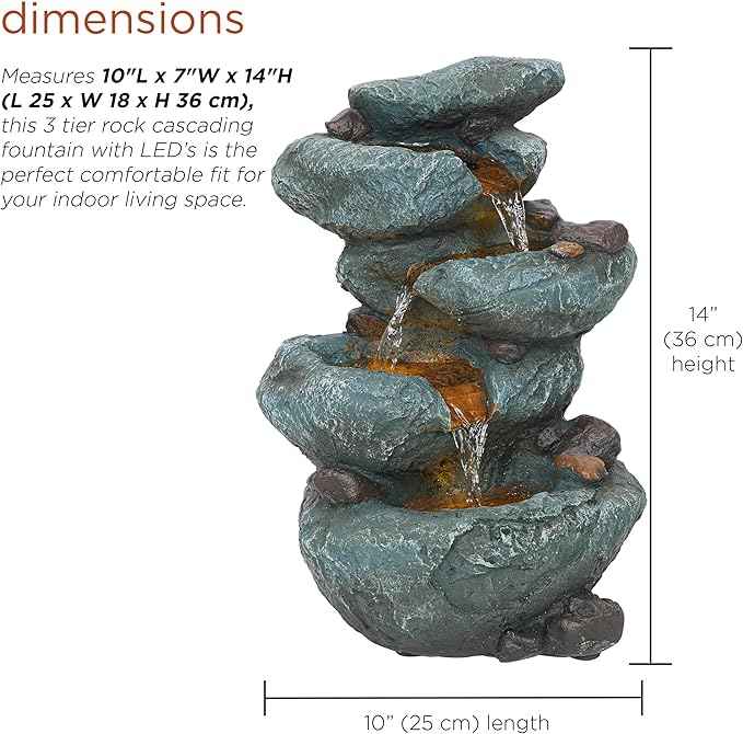Alpine Corporation TZL418 14" 3 Tier Rock Fountain with LED Lights, Elegant Cascading Water Feature for Tabletop, Indoor Decor, Relaxing Stone Waterfall for Home & Office, Gray