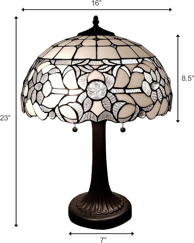 Tiffany Style Table Lamp Banker 22" Tall Stained Glass White Grey Mahogany Floral Flower Elegant Vintage Light Décor Bedside Living Room Bedroom Handmade Gift AM316TL16B Amora Lighting