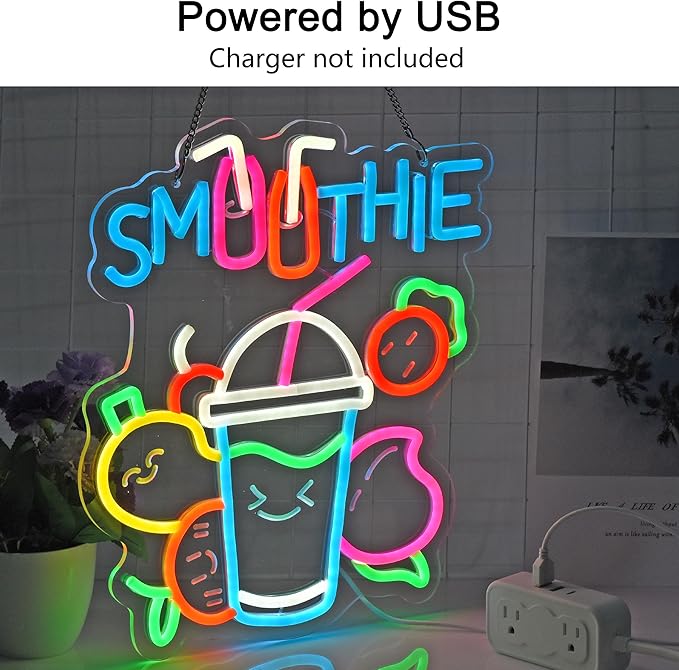 Smoothie Neon Sign, Neon Lights Hanging Wall Art Decoration for Juice Bar Restaurant Store Shop Market Food Truck Cafe Home Decor, USB Powered Ultra Bright Dimmable,15.35×12.6inches