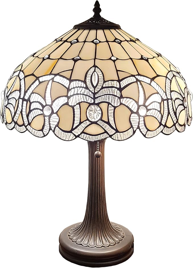 Tiffany Style Table Lamp Banker 24" Tall Stained Glass White Grey Jeweled Beads Vintage Antique Light Décor Living Room Bedroom Handmade Gift AM293TL16B Amora Lighting