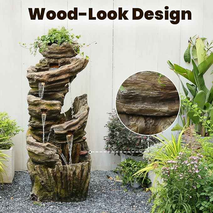 55" H Outdoor Water Fountain 7-Tiers Large Cascading Imitative Wood Natural Waterfall Outdoor Fountains Resin Floor Standing Foutain with LED Lights for Garden, Patio, Porch
