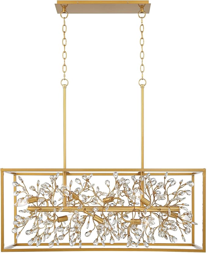 Possini Euro Design Carrine Gold Linear Island Pendant Chandelier 38 1/2" Wide Modern Clear Crystal Accents 8-Light Fixture for Dining Room House Foyer Kitchen Entryway Bedroom Living High Ceilings