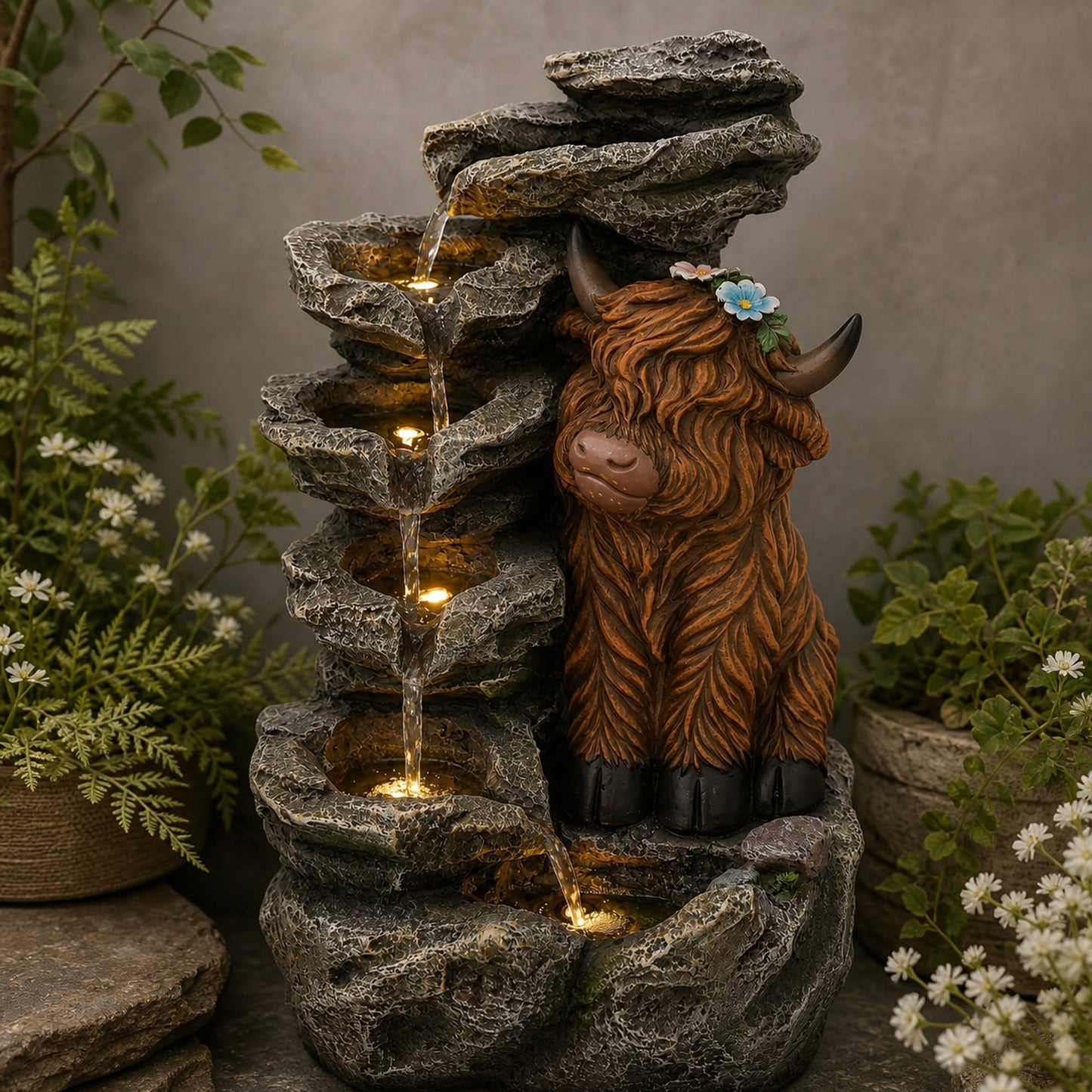 6 Tier Outdoor Water Fountain LED Waterfall with Highland Cow