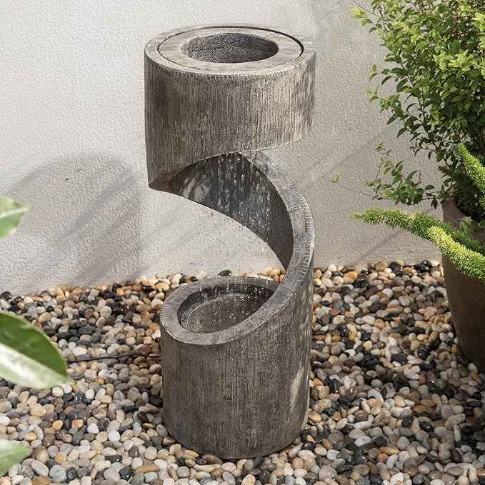 Glitzhome Outdoor Water Fountain with LED Light, Spiral Outdoor Fountain Waterfall with Stone Planter, Modern Curved Freestanding Fountain Water Feature for Garden Patio Backyard, 31.3" H