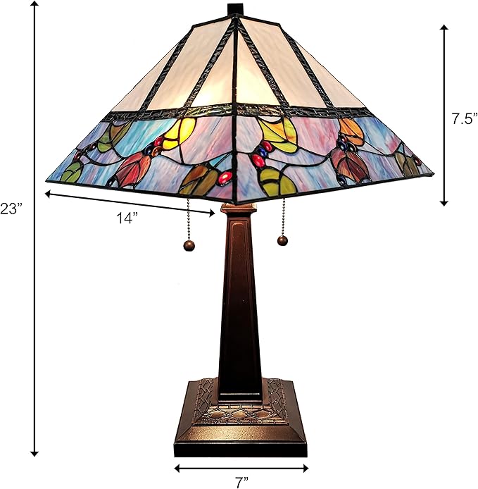 Tiffany Style Table Lamp Banker Mission 22" Tall Stained Glass Tan Blue Red Orange Green Vintage Antique Light Décor Night Stand Living Room Bedroom Handmade Gift AM300TL14B Amora Lighting, Multicolor