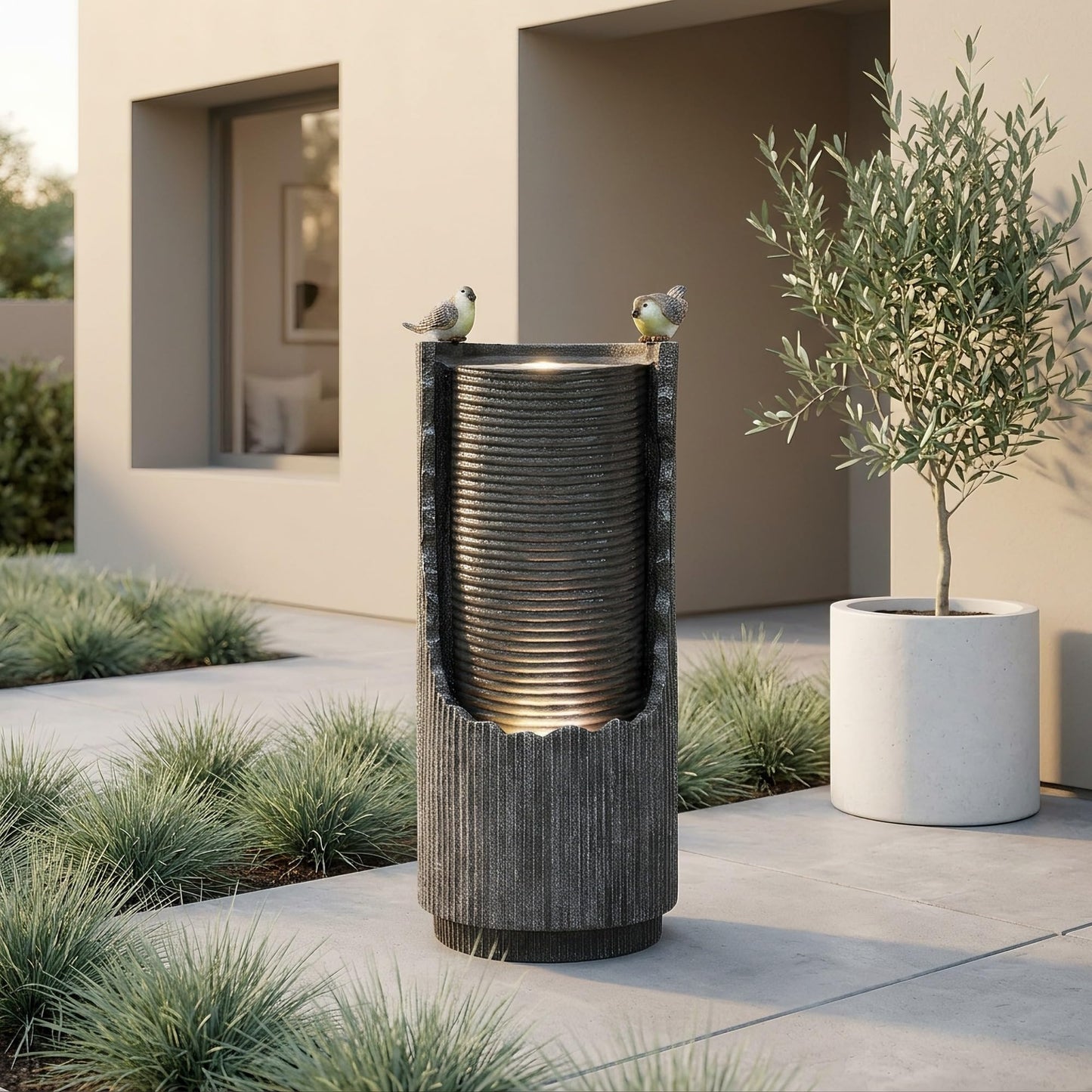 32" Faux Stone Outdoor Water Fountain with LED Lights