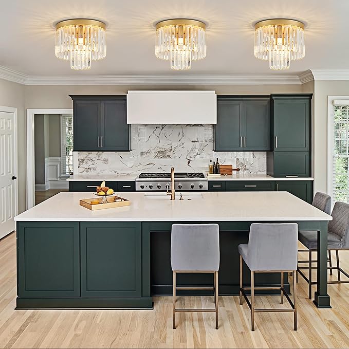 12.6" Gold Crystal Modern Crystal Ceiling Light Fixture, 2-Tier Luxury K9 Crystal, for Dining Room, Kitchen, Island, Living Room, Bedroom - Aura Lighting