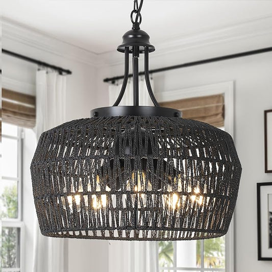 HMVPL Black Rattan Chandeliers for Dining Room, 5-Light Farmhouse Chandelier Light Fixture with Wicker Lampshade, Large Boho Coastal Hanging Pendant Lightting for Kitchen Island Bedroom Living Room