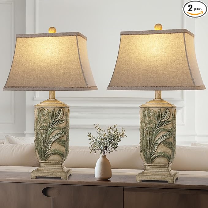 WIHTU 25" Vintage Table Lamps, 3 Color Temperature Rustic Retro Beside Lamp Set of 2, Farmhouse Resin Table Lamp for Living Room Bedroom Nightstands, Rotary Switch, Carved Leaf(2 Bulbs Included)