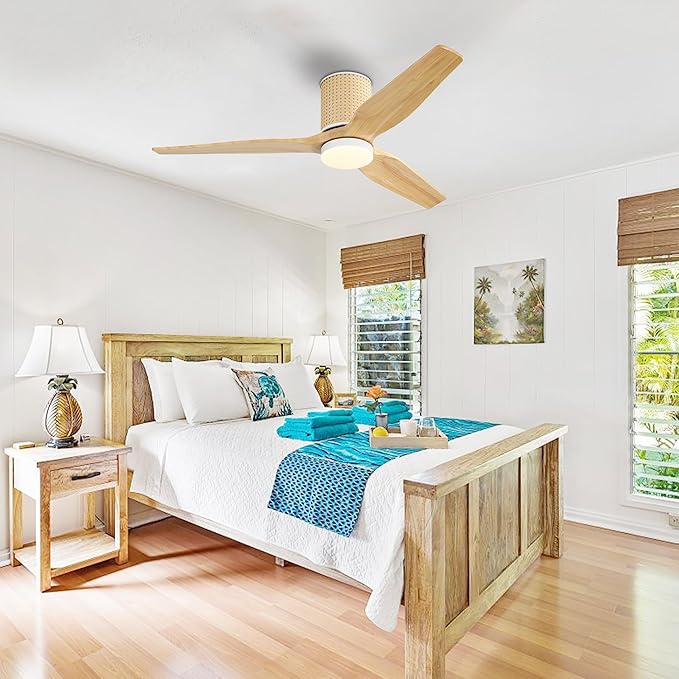 52" Ceiling Fan with Light - Low Profile Flush Mount Ceiling Fan, 6-Speed Remote Control, Solid Wood, Quiet Reversible DC Motor, Wood/White Finish, for Bedroom, Living Room, Porch - Aura Lighting