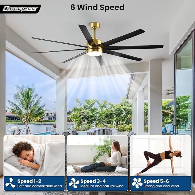 72 Inch Ceiling Fans with Lights and Remote for Living Room Kitchen Library Cafe Outdoor/Industrial Use, 3CCT Dimmable, Dual Color 8 Blades 6 Speed Reversible Quiet DC Motor, Gold/Black