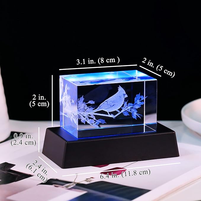 YWHL Crystal Cardinal Gifts for Women Man: 3D Laser Engraved Red Cardinal Figurine Decor, Night Light, Christmas Sympathy Gifts